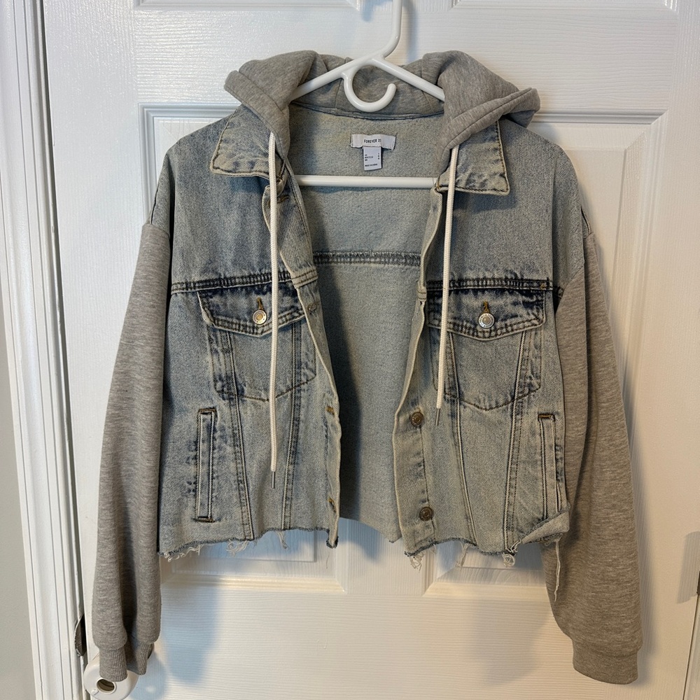Forever 21 Light Blue Denim Jacket with Gray Hood